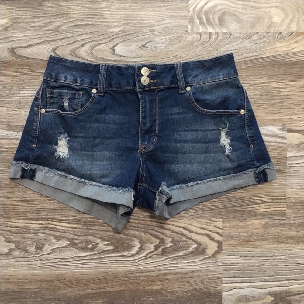Altar’d State Blue Whiskered Cuffed Distressed Mid Rise Jean Shorts 26
